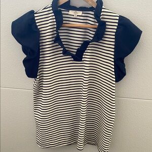 Navy & White Flutter Sleeve Blouse with Peter Pan Collar